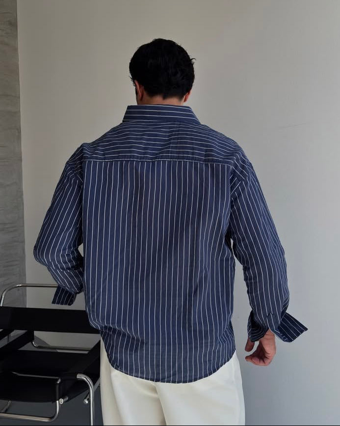 Zara Boxy Fit Poplin Striped Shirt, Navy