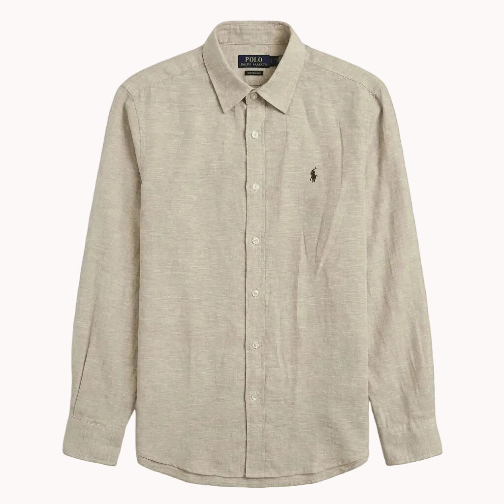 Beige button-up shirt with Polo Ralph Lauren logo on a light gray background
