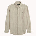Beige button-up shirt with Polo Ralph Lauren logo on a light gray background