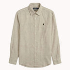 Beige button-up shirt with Polo Ralph Lauren logo on a light gray background