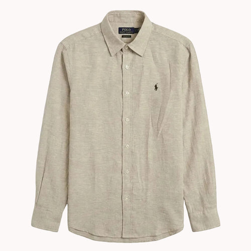 Beige button-up shirt with Polo Ralph Lauren logo on a light gray background