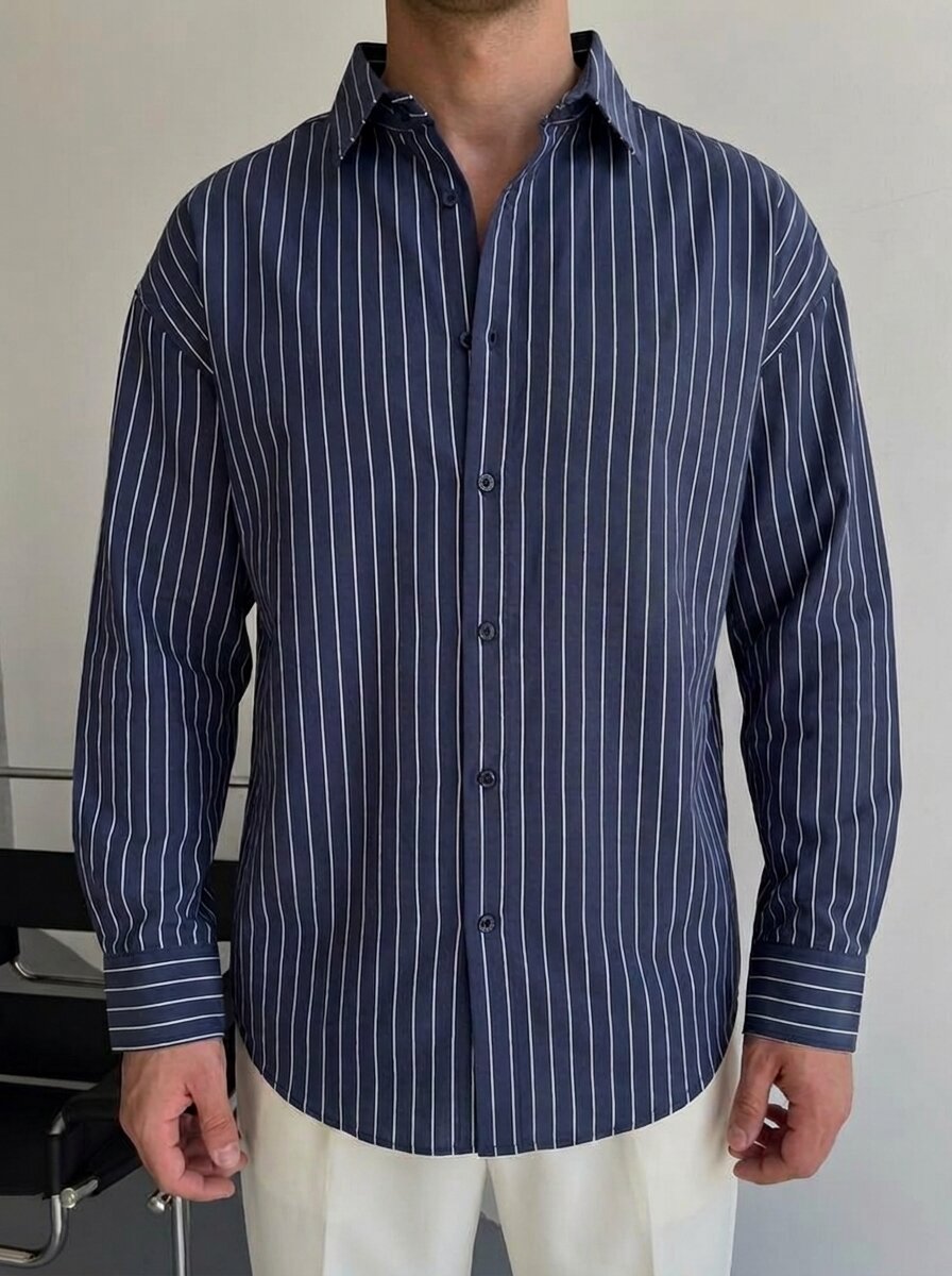 Zara Boxy Fit Poplin Striped Shirt, Navy