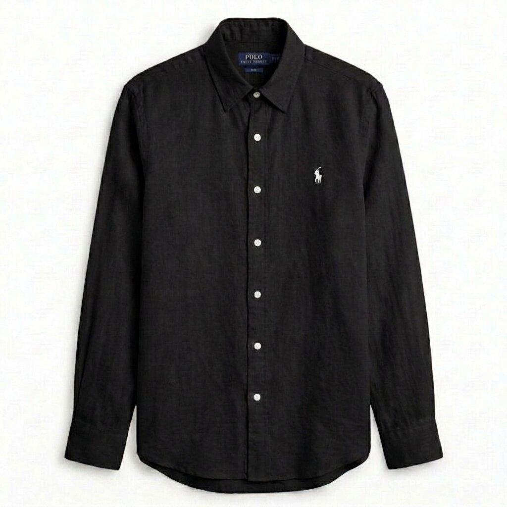 【RALPH LAUREN】リネン100% リネンシャツ　黒無地　vintage Ralph Lauren 100% French Linen Vintage Shirt, Black – Labelled