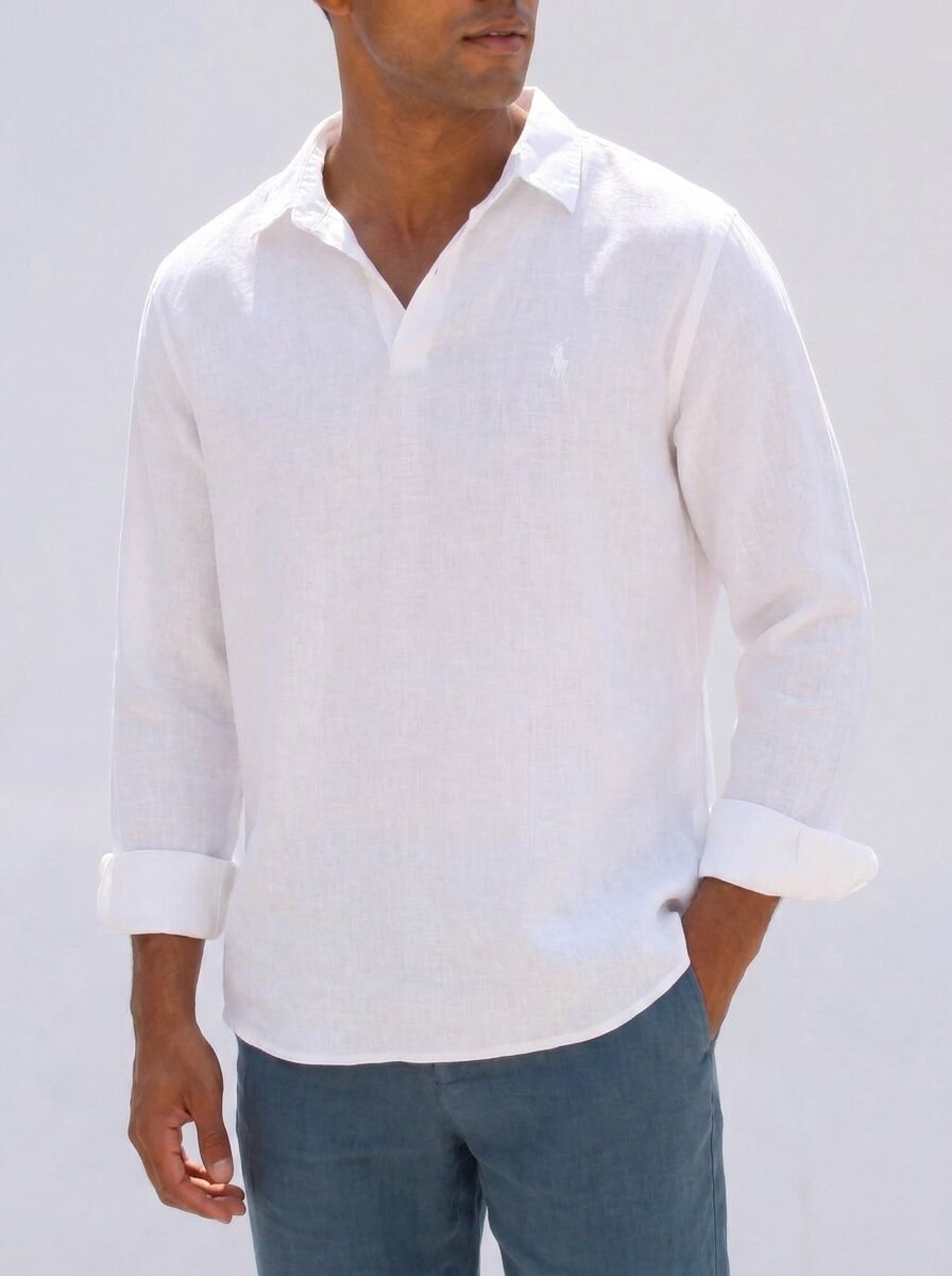 Ralph Lauren Linen/Remi Johnny Collar Shirt, White