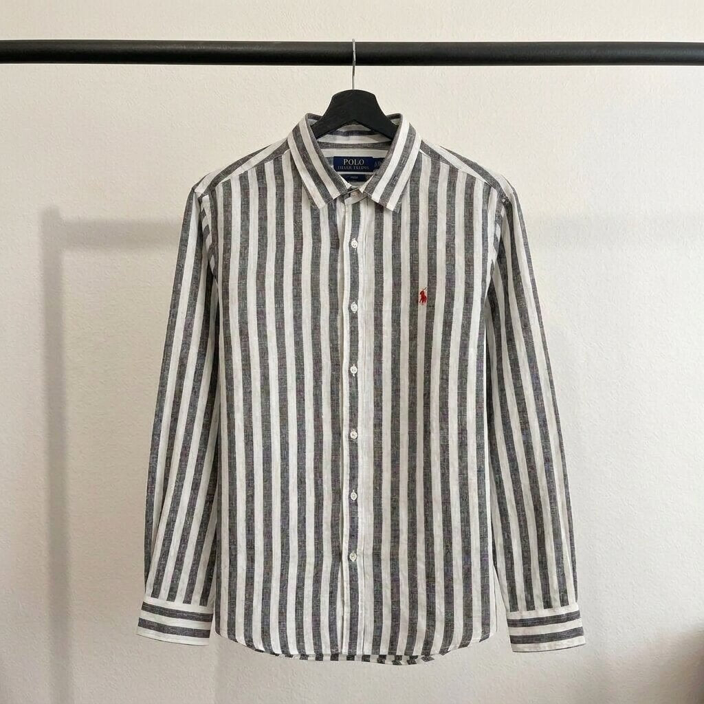 Ralph Lauren 100% French Linen Vintage Shirt, Dark Blue Striped