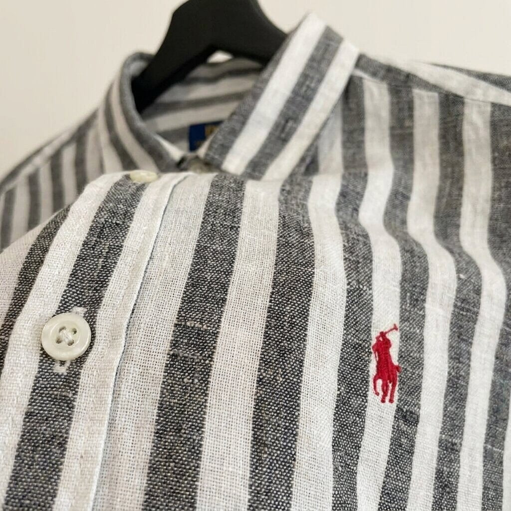 Ralph Lauren 100% French Linen Vintage Shirt, Dark Blue Striped