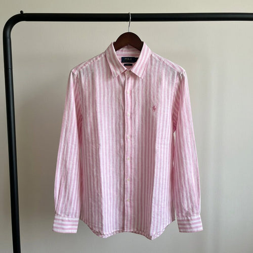 Ralph Lauren 100% French Linen Vintage Shirt, Pink Striped