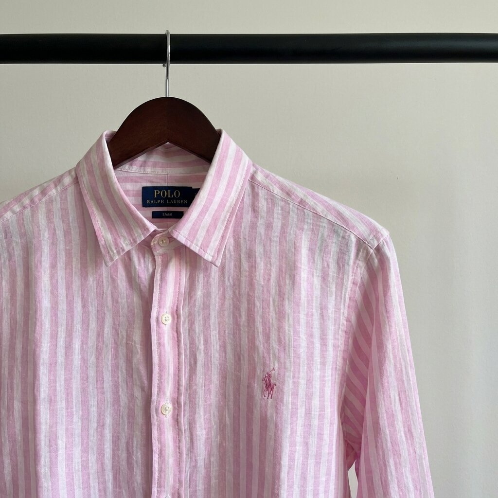 Ralph Lauren 100% French Linen Vintage Shirt, Pink Striped