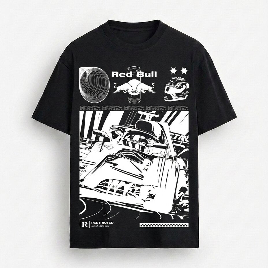 A black short-sleeve t-shirt with a large white graphic print featuring Red Bull Racing elements, including the Red Bull logo, a helmet, and a stylized race car illustration, displayed against a light gray background.