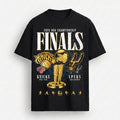A black short-sleeve graphic T-shirt featuring a 2026 NBA Championship Finals design with the New York Knicks and San Antonio Spurs logos, a gold trophy, and white 'FINALS' text, shown on a light gray background.