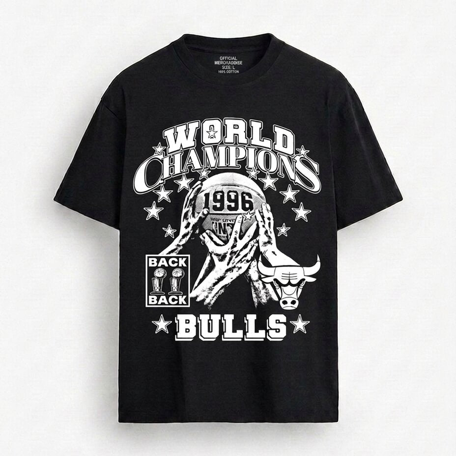 A black short-sleeve t-shirt with a white graphic print on the front. The graphic features a bull mascot, the text 'WORLD CHAMPIONS', '1996', 'BACK BACK', and 'BULLS' surrounded by stars.