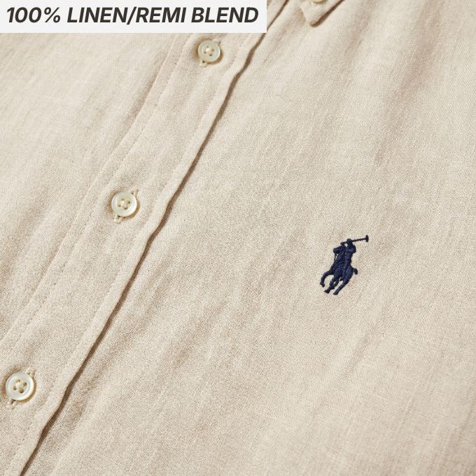 Beige vintage Ralph Lauren shirt with a logo and '100% Linen/Remi Blend' text