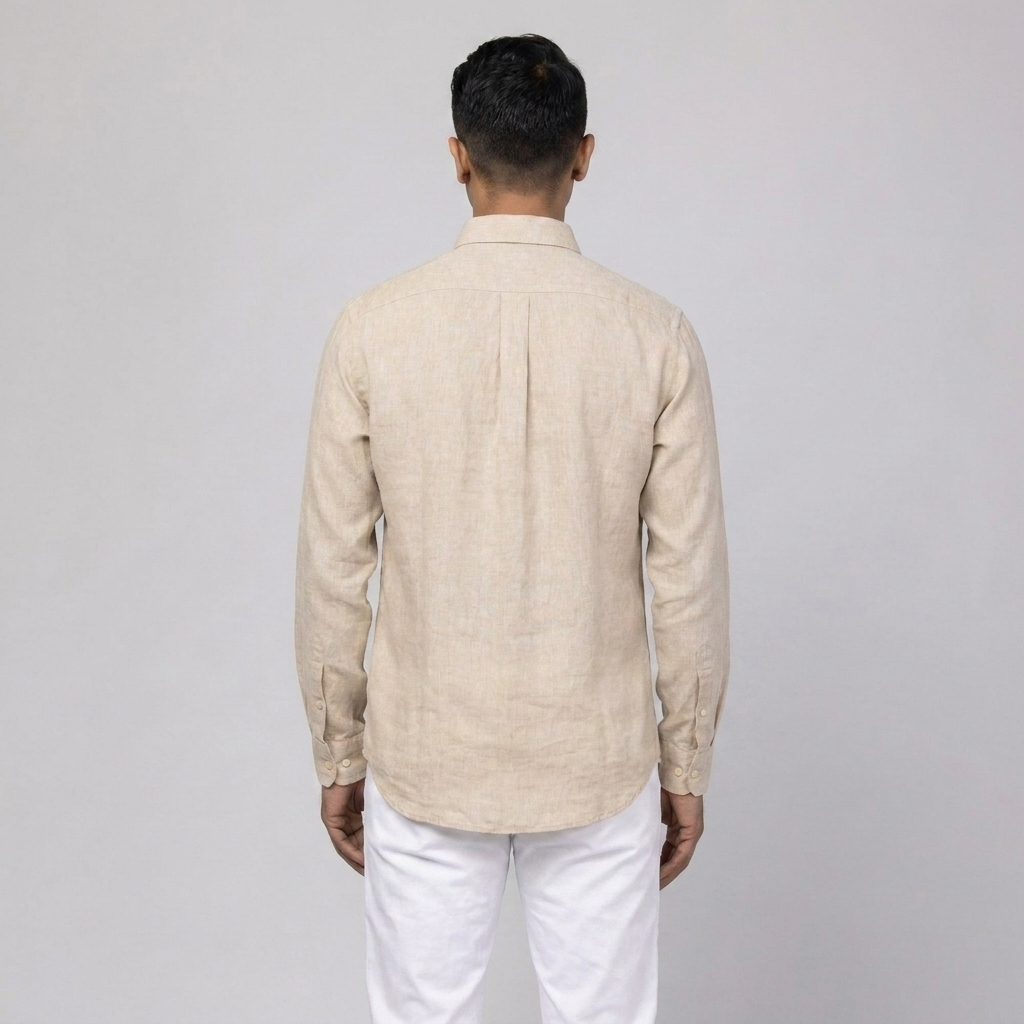 Man wearing a vintage Ralph Lauren beige linen shirt, shown from the back